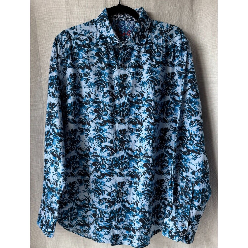 Robert Graham Mens L Blue Floral Rose Print Button Up Shirt Long Sleeve Cotton